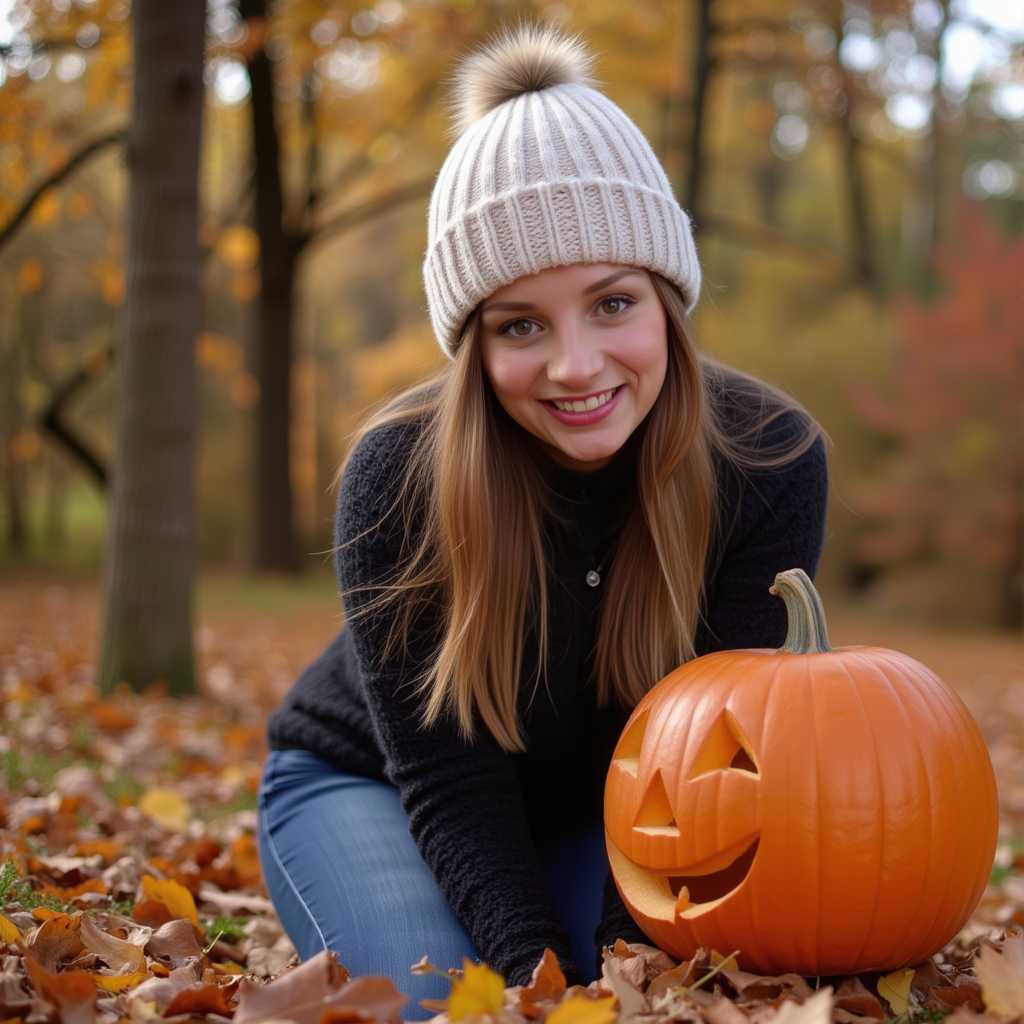 a photo of NDNE woman, smiling in a snow cap in an autumn scene with a jack-o-lantern