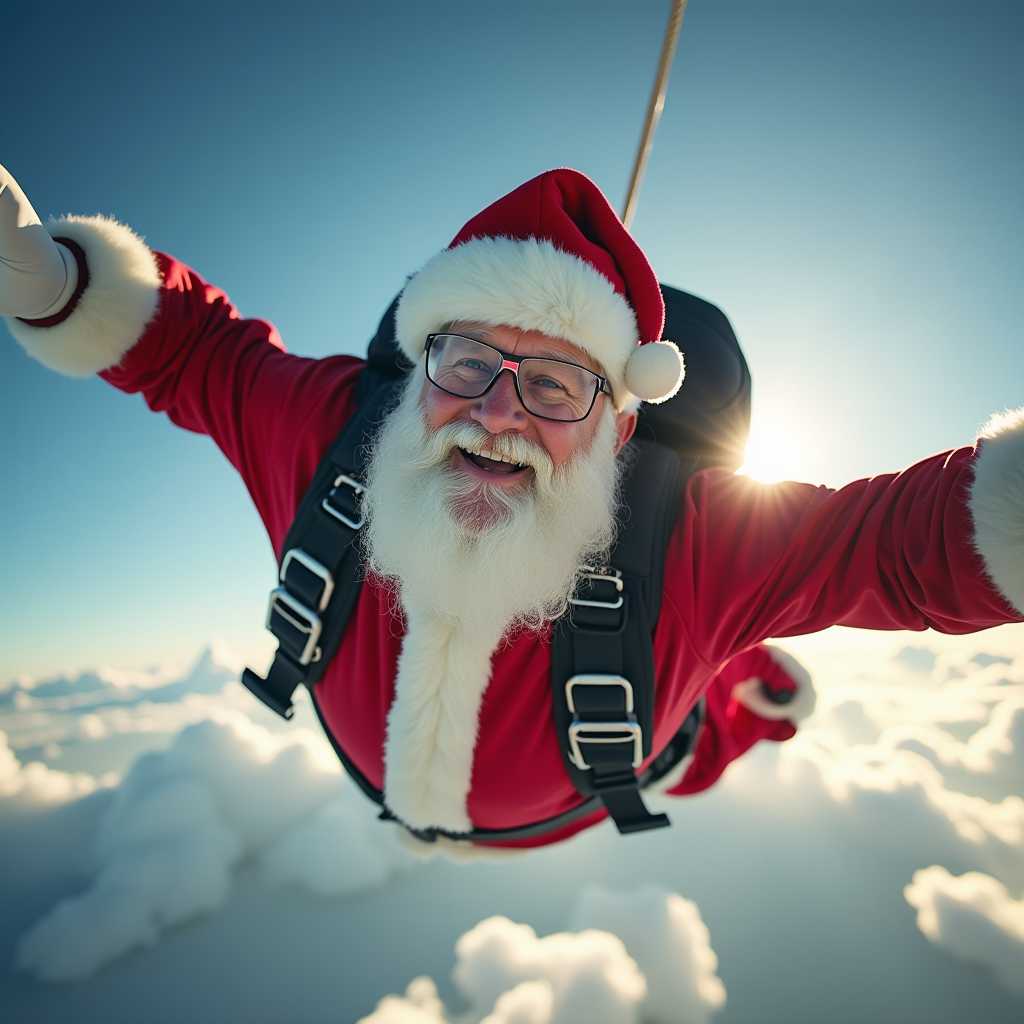 Fearless Santa Claus exhilaratingly skydiving, symbolizing freedom Selective focus 