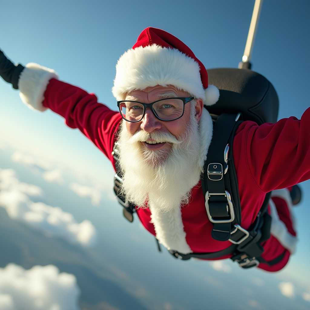 Fearless Santa Claus exhilaratingly skydiving, symbolizing freedom Selective focus 