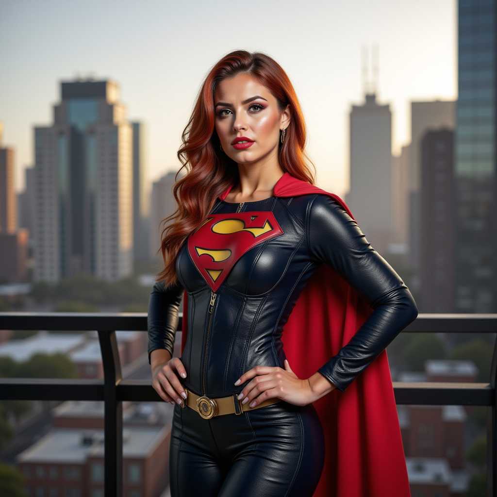 a photo of DMD woman, superhero pose and superhero costume, city background
