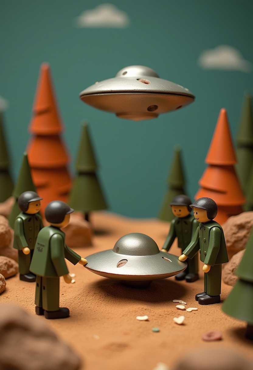 Title: "Crash at Corona: A Museum Diorama"

Create an image of a museum exhibit depicting a scene titled "Crash at Corona," which showcases the U.S. military's retrieval and cover-up of a UFO. Present the scene as a diorama with simplified characters and scenery crafted to resemble 3D model painted wooden figures or puppets without strings. Emphasize a handmade, folk-art style with smooth, polished textures and vibrant colors.

**Visual Details**: The characters, resembling wooden dolls, are dressed in 1940s military uniforms, with flat facial features and static poses. The UFO appears as a sleek, metallic craft, with simplified geometric shapes and a gloss finish to mimic a classic flying saucer. Surround the scene with miniature trees and rocks, painted in a rustic, vintage aesthetic.

**Style**: Adopt a primitive, folk art style with a whimsical and kitschy touch, blending naivety with the intrigue of a secretive theme.

**Composition**: Arrange the characters in a dynamic tableau capturing the moment of retrieval—some soldiers examining the UFO, while others retrieve debris. Use a low-angle camera perspective to evoke a sense of being part of the exhibit, with the UFO slightly tilted as if it has just landed.

**Mood and Atmos