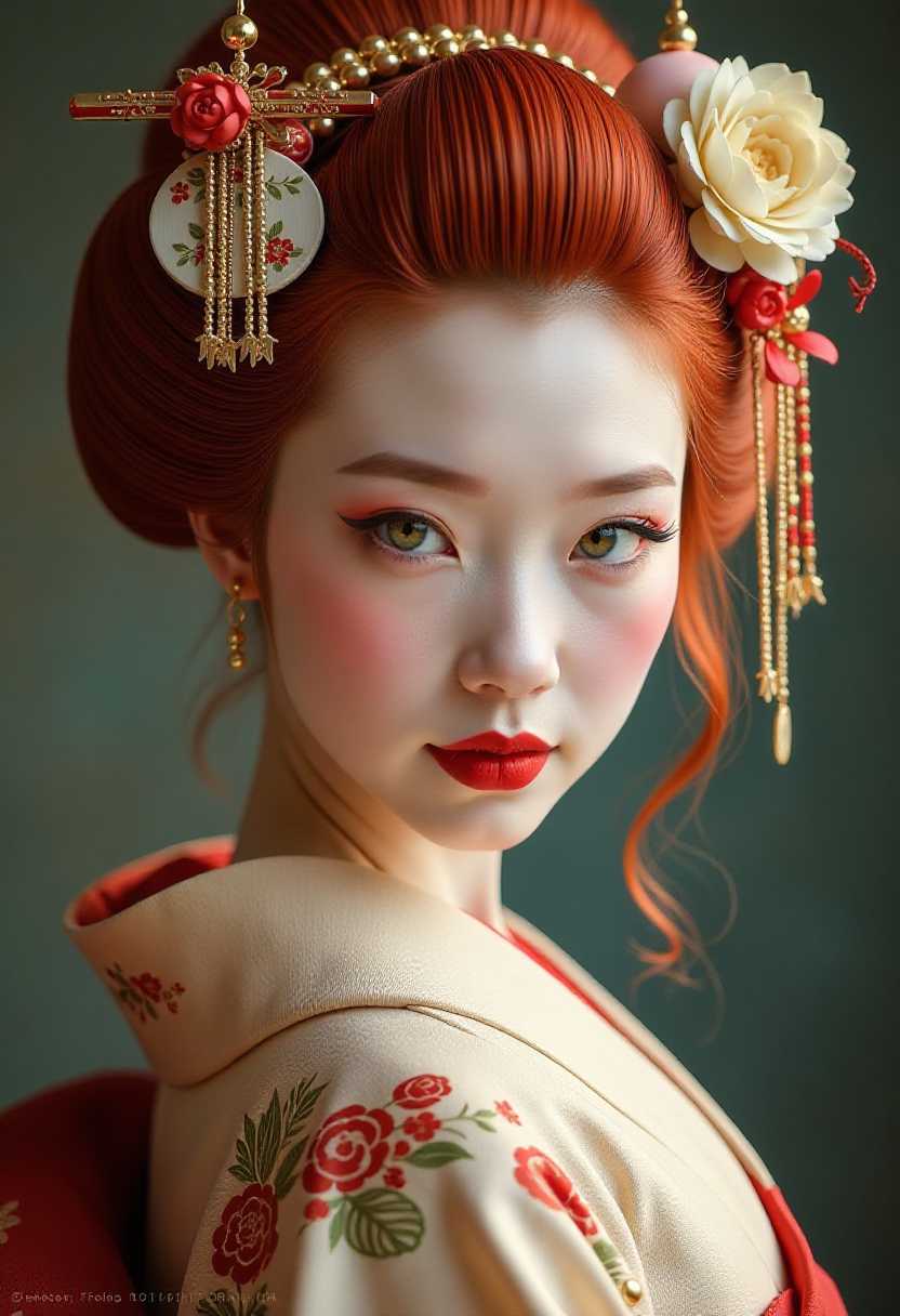 japanese geisha, red hair, green eyes