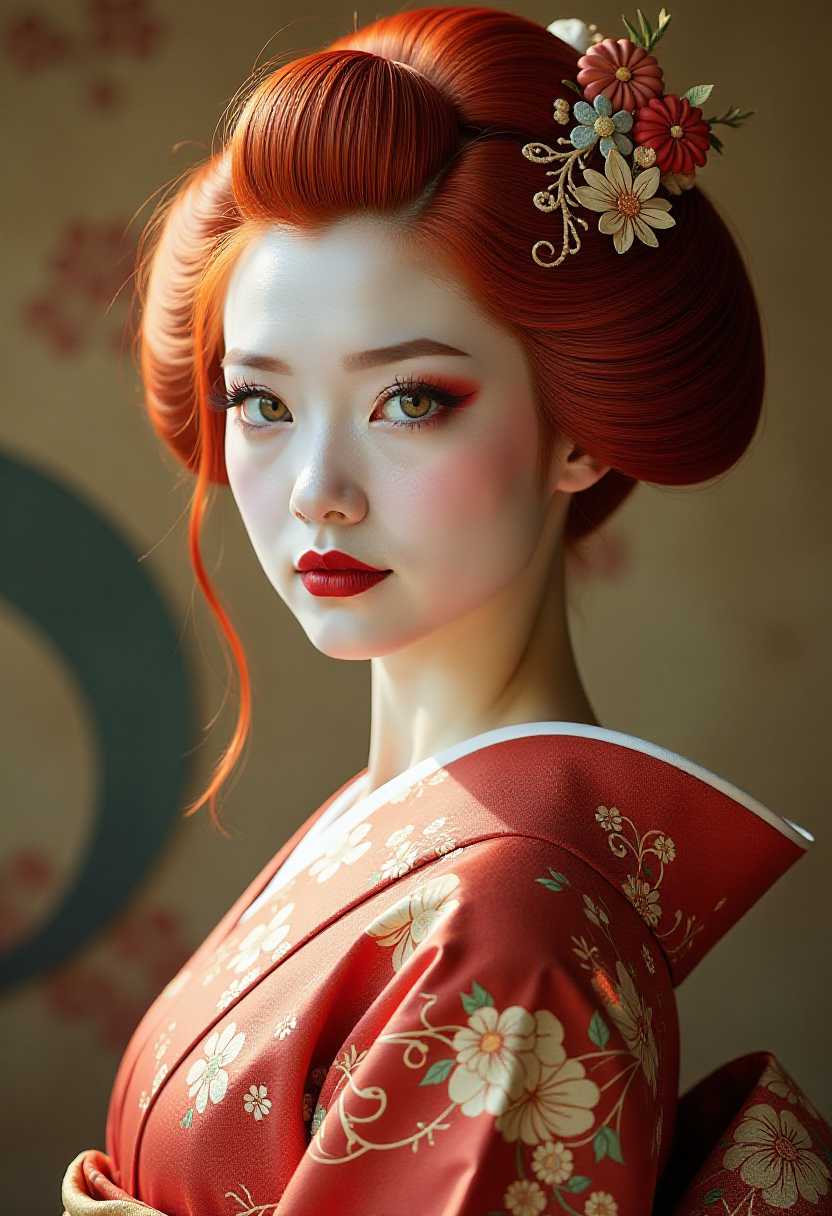 japanese geisha, red hair, green eyes