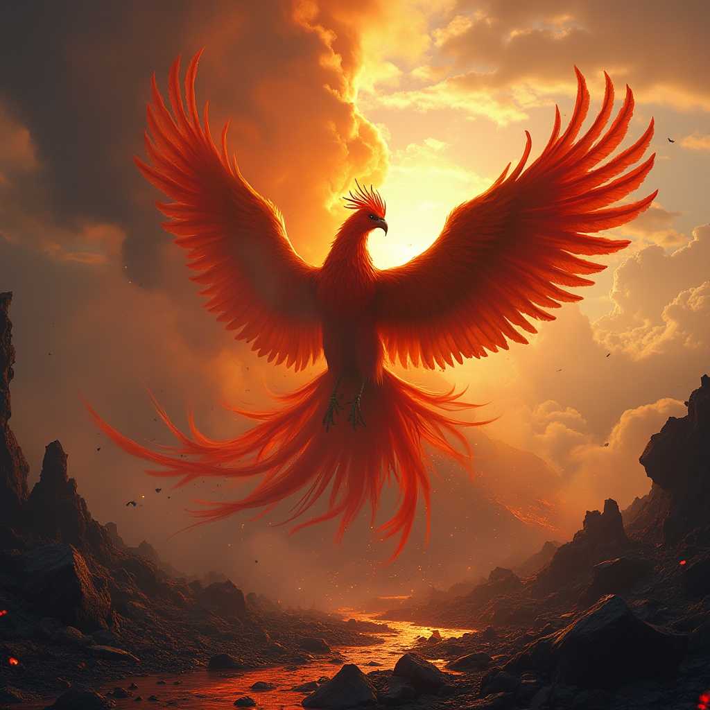 A dramatic and awe-inspiring scene of a phoenix rising from the ashes as a volcano erupts. The phoenix, with its vibrant red and orange plumage, soars majestically amidst the chaos, symbolizing rebirth and renewal. The volcano's eruption creates a backdrop of smoke, ash, and lava, casting a fiery glow on the scene. The overall atmosphere is both destructive and rejuvenating, reflecting the cyclical nature of life and death.