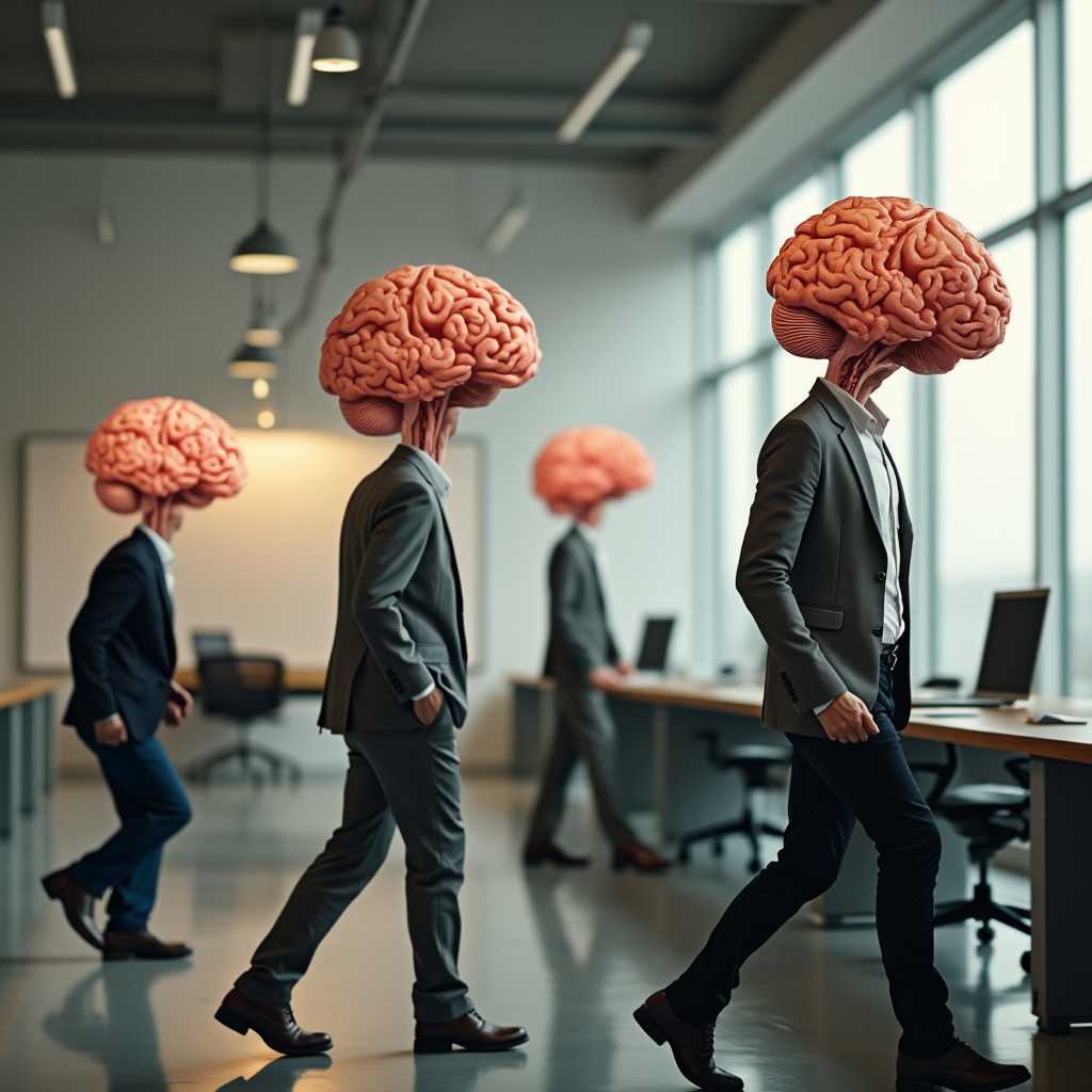 A surrealist image of walking people with exposed brains instead of heads, working on a super difficult project, fully absorbed in their work. The background is a modern office setting with desks, chairs, and a whiteboard. The lighting is soft.