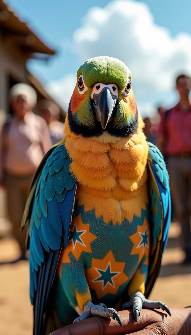 On a beautiful day, a parakeet with long, flowing feathers stands beside itself, its large head focused intently on the camera. The sunlight dances across its vibrant plumage, illuminating the hues of blue and brown that mirror a traditional outfit adorned with a hexagonal star pattern. In the background, a soft blur of people creates a sense of community, their varied skin tones and expressions suggesting a rich tapestry of life experiences. 

The atmosphere is inviting, with fluffy clouds drifting lazily overhead, while the natural light bathes the scene, enhancing the colors of the parakeet’s feathers and the rustic wooden backdrop that hints at a historical context. The slight furrowing of the bird's brow mirrors the calm, reflective gaze of an elder, suggesting wisdom and depth in its presence. 