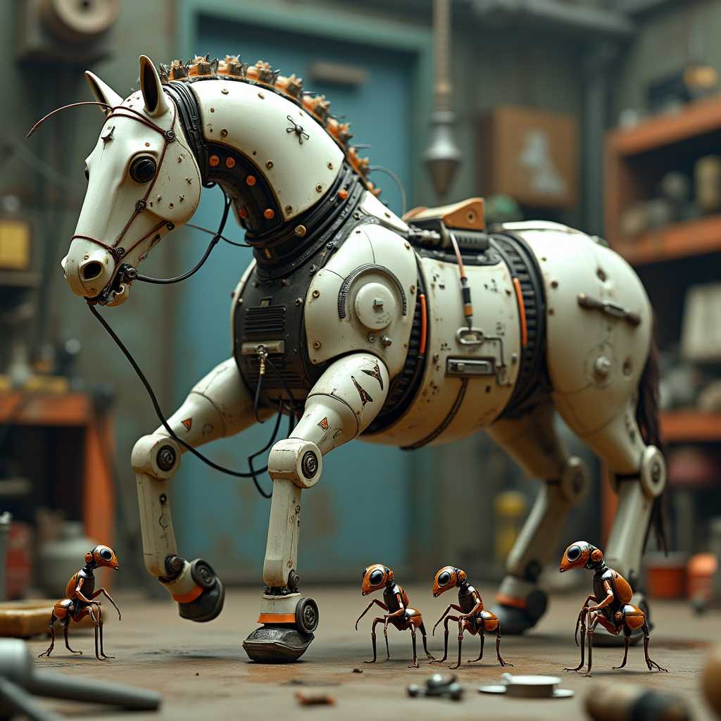 A surrealist image of robot ants building a Trojan horse-like electronic horse. The robot ants are small and have a futuristic design. The electronic horse is large and has multiple buttons, lights, and wires. The background is a factory or workshop with various machinery and tools.