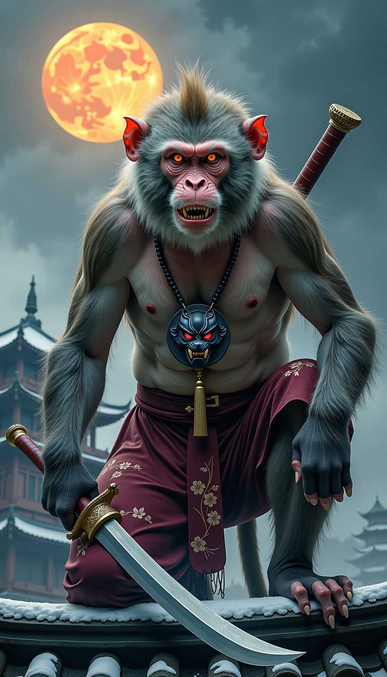 The image depicts the Macaque Chief, a fearsome creature from Chinese mythology, as a greyish-white Macaque, with a long slim tail. Its long dark brown hair is standing out messily, crazily, and fuzzy, with unkempt fur all around its body. The creature knelt with his back hunched in a powerful Kung Fu stance, with a stern arrogant look atop a temple roof.The Macaque's reddish-orange eyes are fierce and elude an intimidating aura, adding to its menacing craze appearance. It shows 2 big protruding sharp teeth and claws, further enhancing its threatening presence. The creature wears worn with holes and rugged maroon pants with floral drawings, with no clothing showing its muscular bare chest. A huge dark blue demon mask or medal with red eyes and jagged sharp teeth hangs in front of its bare chest with strings tied around its neck. A huge golden necklace and big black beads necklace hang around its neck.He is holding his weapon in one hand which sits casually on his shoulder, a long curved saber with an elaborate golden hilt and a beautiful lanyard. The backdrop is a temple ruin roof with a pagoda and remnants of Buddha statues in the back with snow abundant during winter time. The night atmosphere is eerie, with an ominous black mist swirling around, shrouding the area and adding to the dark, supernatural ambiance of the scene, against one orangeish full moon. The overall tone of the image is cinematic and rich in mythological detail, creating a dramatic and intense visual experience.