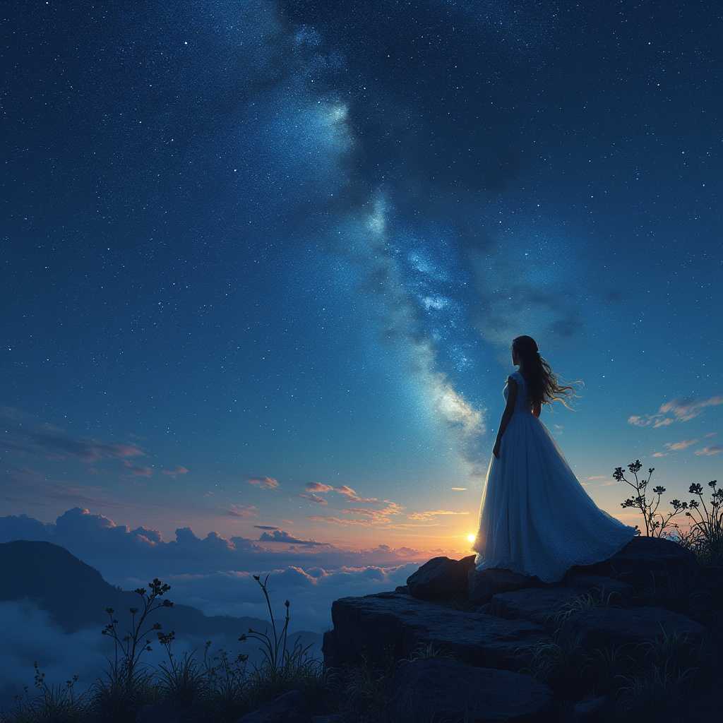 Galactic Elegance A Woman in a Gown at Sunset