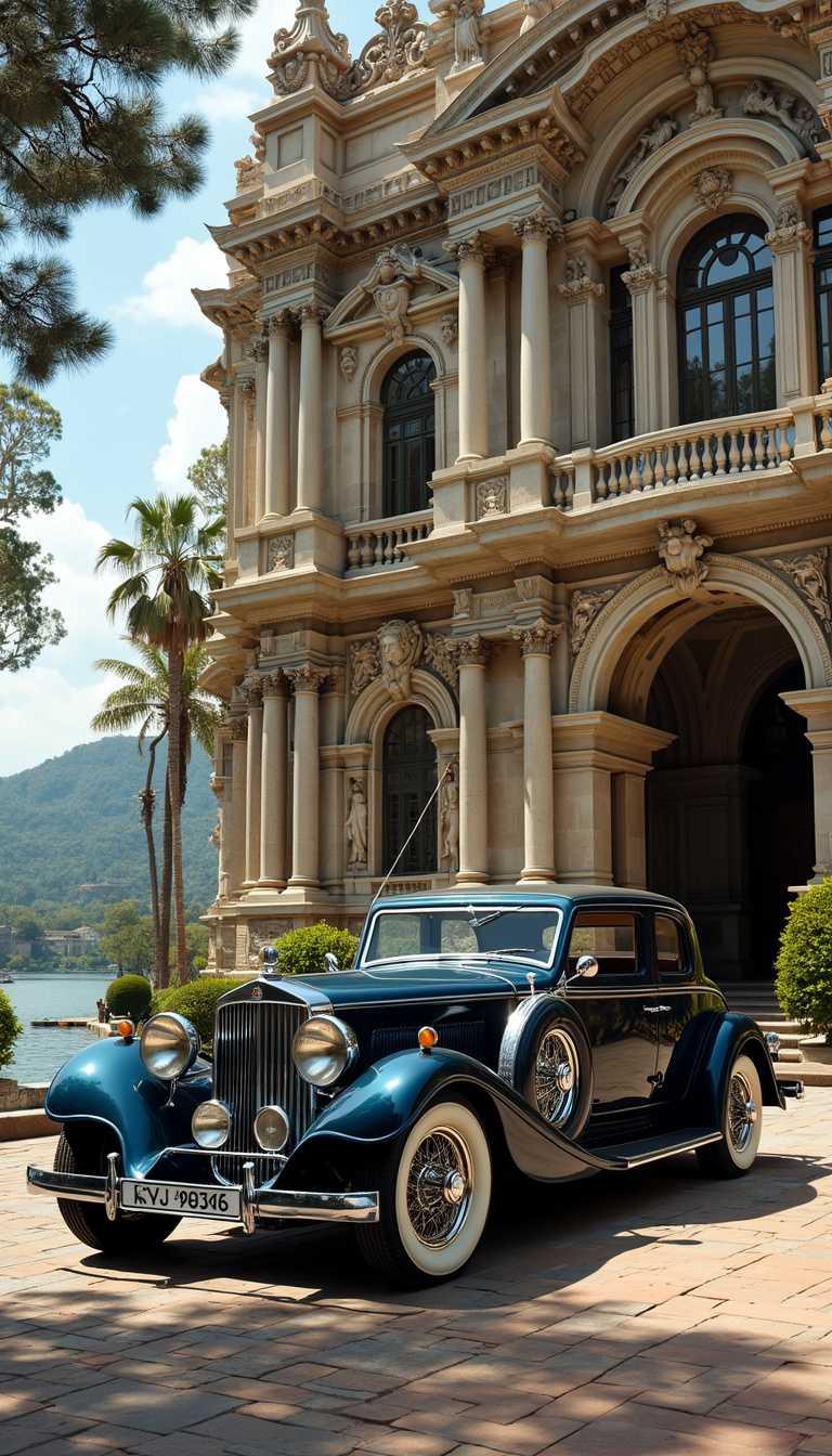 Decorated in an ornament art style, this image showcases a magnificent architectural structure adorned with intricate stone carvings, featuring a series of statues and sculptures that reflect the artistry of the ornamental style. Nestled near the water, the setting exudes an artistic and serene ambiance, where vibrant colors dance across the scene. In the foreground, a meticulously preserved antique car with a striking chrome grille and large, round headlights adds a layer of classic elegance. The vehicle's smooth lines and whitewall tires echo a period of automotive ingenuity, seamlessly blending historical charm with the surrounding artistry.

Tall trees in the background cast elongated shadows, creating a dynamic interplay of light and dark that accentuates the car's glossy finish, predominantly featuring deep black and blue tones. The soft yet bright lighting highlights every curve and detail of the vehicle, enhancing the visual appeal of this enchanting tableau. A prominent clock, intricately designed, serves as a bridge between the historical and contemporary elements, grounding the scene in time while enriching the narrative of artistry and craftsmanship. 

Overall, the viewer is treated to a captivating display where the architectural masterpiece and the classic car coexist in harmony, inviting contemplation of both artistic expression and the elegance of a bygone era.