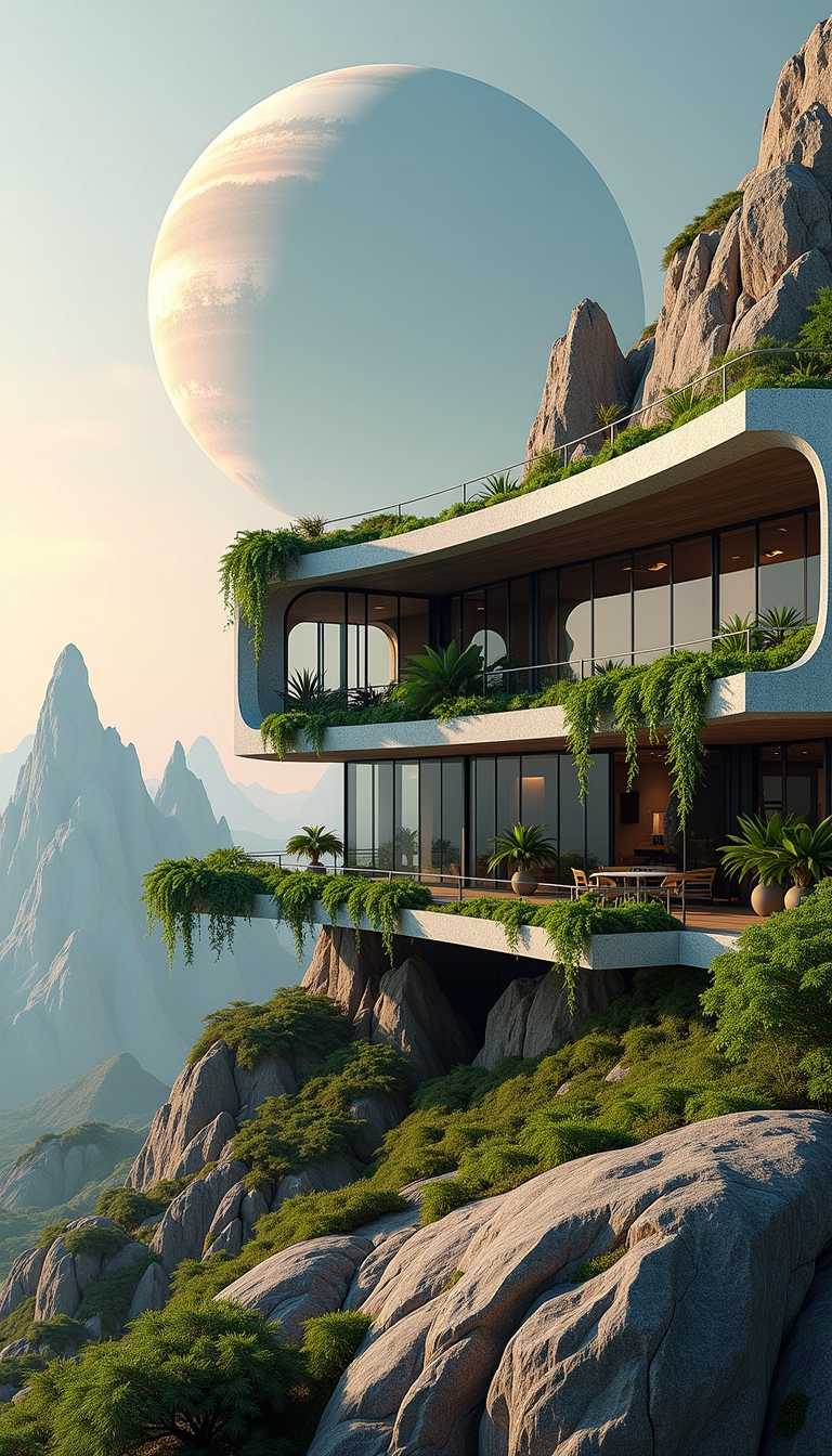 The photograph presents an eco-conscious architectural design set against an otherworldly planetscape, where the integration of plant life creates a harmonious blend of nature and futuristic aesthetics. In the foreground, lush foliage spills from sophisticated black planters embedded into the exterior walls, reminiscent of alien flora thriving in a vibrant, unearthly environment. Scattered large rocks, akin to those found on distant planets, punctuate the landscape, adding a rugged texture that contrasts beautifully with the sleek architecture.

Expansive glass windows reflect the greenery while offering glimpses into the interiors, all framed by sharp, spire-like mountains in the distance that evoke a sense of adventure and exploration. Above, a colossal planet-like object looms in the pastel, nebulous sky, casting soft light across the scene and enhancing the dreamlike quality. The interplay of warm earth tones, icy blues, and subtle magentas brings the structure to life, allowing the abundance of greens to stand out vividly against the subdued architectural shades.