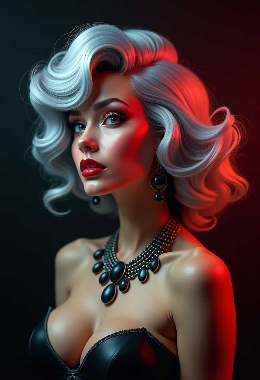A stylized female figure embodying a pinup or burlesque aesthetic, set in a vibrant and dramatic scene. Capture a close-up portrait in profile view, focusing on her face and upper shoulders. Her large, striking eyes should have a bright, reflective quality, and her lips should be painted a deep, glossy red. Render her hair as a flowing cascade of silver and white, like liquid metal, with a dynamic, wind-swept effect. She should wear elaborate, dark jewelry, including a necklace and earrings, to contrast with her light skin. Set against a dark gradient background to enhance the luminous quality of her features. The atmosphere should have a seductive and playful mood, with dramatic lighting to emphasize depth and texture. 