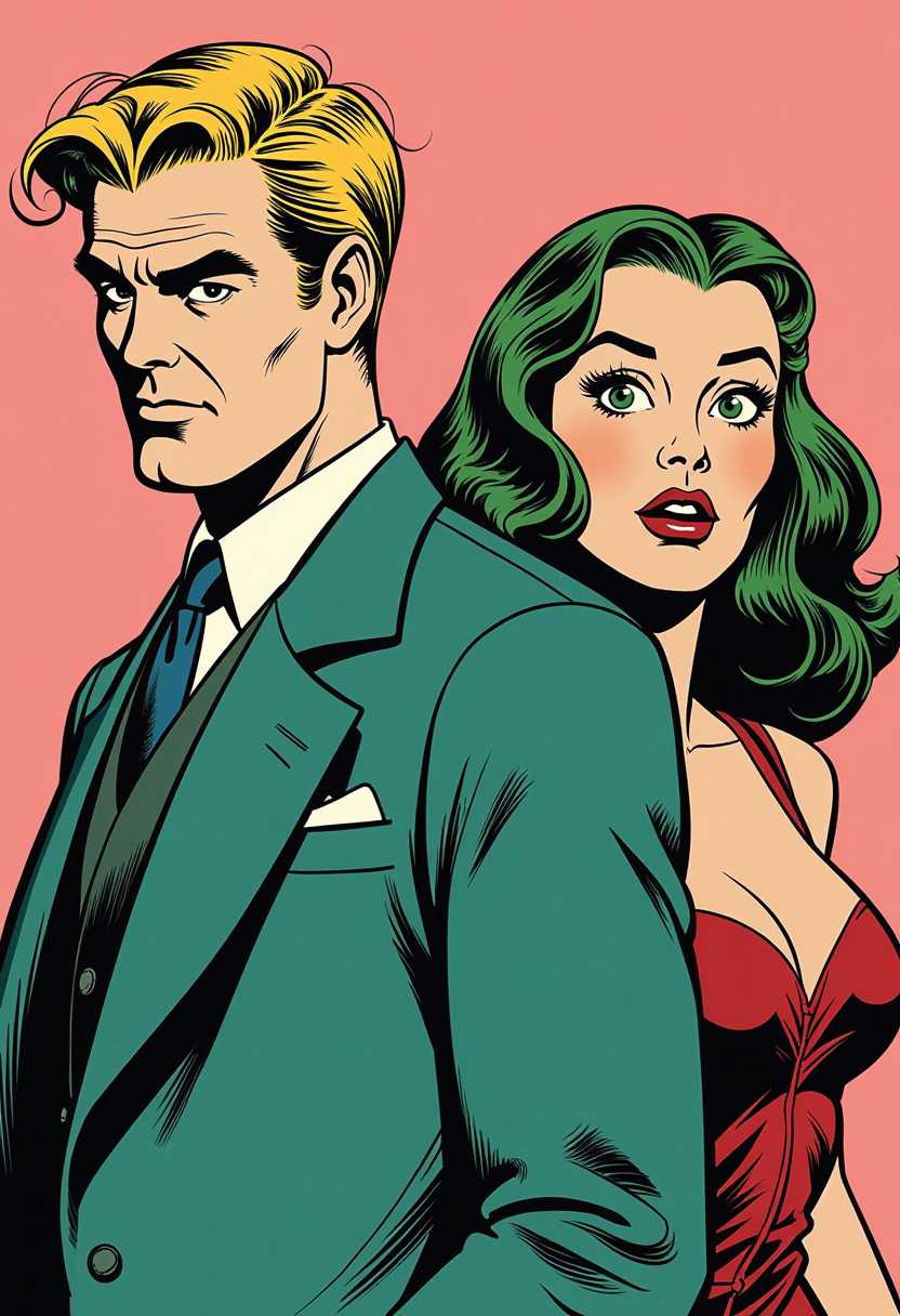 This image is a comic book panel, characterized by its bold lines, flat colors, and dramatic poses. The art style is reminiscent of the 1940s to 1950s comic book era, with a focus on exaggerated features and a clear, dynamic composition.The medium appears to be ink on paper, with the lines being thick and black, giving the characters a threedimensional form. The colors are bright and primary, with a limited palette that includes shades of pink, green, blue, and black. The use of color is quite minimal, with the exception of the characters clothing and the background, which is a solid pink hue.In the foreground, there is a blonde male character with a muscular build, dressesd as a pulp fiction private detective. His expression is one of determination and readiness, with his eyebrows slightly furrowed and his mouth set in a straight line. His hair is styled in a classic 1940s fashion, with a slight wave at the top.Behind the male character, there is a female character with long, flowing green wearing a low cut neckline red velvet dress. Her hair is styled in a way that it cascades down her back and over her shoulders. The female characters eyes are wide and her mouth agape, as if she is in the midst of speaking or reacting to something. Her expression is one of surprise or alarm. Both characters are set against a simple, unadorned background that consists of a plain pink wall. The background is devoid of any other objects or characters, focusing the entire attention on the two main figures.