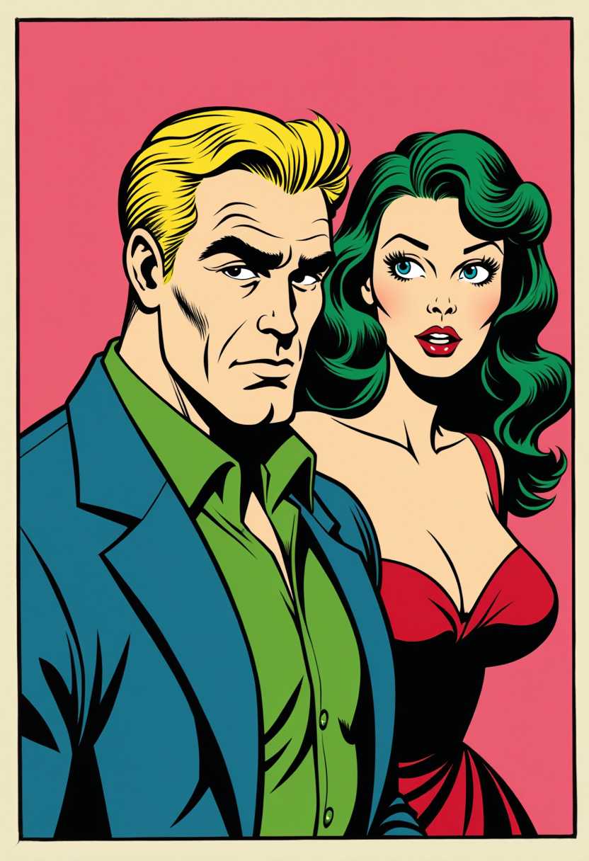 This image is a comic book panel, characterized by its bold lines, flat colors, and dramatic poses. The art style is reminiscent of the 1940s to 1950s comic book era, with a focus on exaggerated features and a clear, dynamic composition.The medium appears to be ink on paper, with the lines being thick and black, giving the characters a threedimensional form. The colors are bright and primary, with a limited palette that includes shades of pink, green, blue, and black. The use of color is quite minimal, with the exception of the characters clothing and the background, which is a solid pink hue.In the foreground, there is a blonde male character with a muscular build, dressesd as a pulp fiction private detective. His expression is one of determination and readiness, with his eyebrows slightly furrowed and his mouth set in a straight line. His hair is styled in a classic 1940s fashion, with a slight wave at the top.Behind the male character, there is a female character with long, flowing green wearing a low cut neckline red velvet dress. Her hair is styled in a way that it cascades down her back and over her shoulders. The female characters eyes are wide and her mouth agape, as if she is in the midst of speaking or reacting to something. Her expression is one of surprise or alarm. Both characters are set against a simple, unadorned background that consists of a plain pink wall. The background is devoid of any other objects or characters, focusing the entire attention on the two main figures.