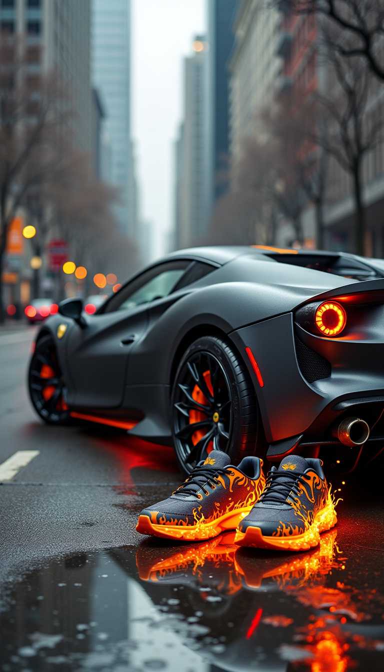 In a striking matte material style, a sleek and aerodynamic sports car, reminiscent of a Ferrari, comes to a halt in the heart of an urban landscape. The environment buzzes with the essence of city life, featuring towering buildings and a nearby parking lot. The car's design is captivating, possibly cloaked in a deep black or dark gray finish that accentuates its contours, making it a focal point against the city backdrop. 

Surrounding the car, the atmosphere crackles with energy, as if the very air around it is ablaze. The pavement beneath the vehicle shimmers with hints of fiery orange, suggesting the heat of the moment. In a creative twist, the wheels of the car appear to be adorned with flame-like accents, echoing the vivid design of a pair of worn, flame-inspired gray shoes that lie nearby. These shoes, featuring bold orange accents and a unique black and white design, seem to pulse with an inner fire, their open tops revealing a swirling, fiery pattern that mirrors the intensity of the scene.