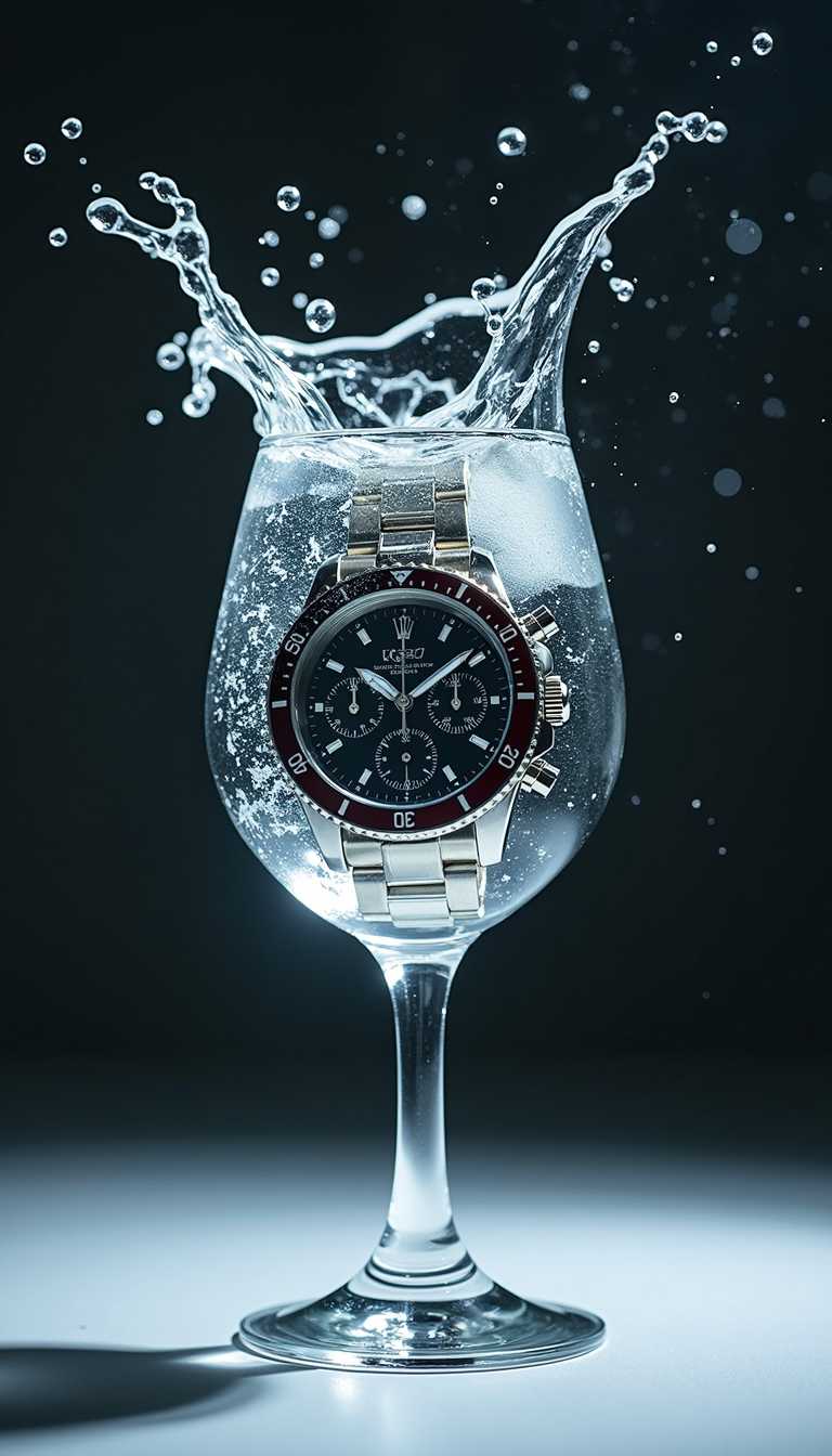 a glass with a wristwatch inside, completely made of water , falling from above, splashes, dynamic pose, studio background