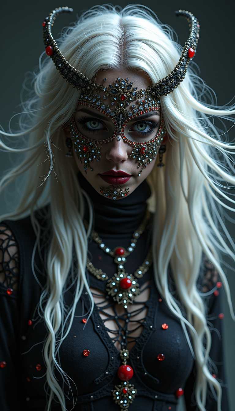 Cinematic style, realism, cinematic quality, Midjourney_Whisper,
Halloween theme, huge scary eyes, mask of jewels. beautiful silver hair full of jewels and ornaments, dark background, clothes covered in cobwebs and tangled hearts. huge eyelashes, very long and sharp nails, long hair in the wind