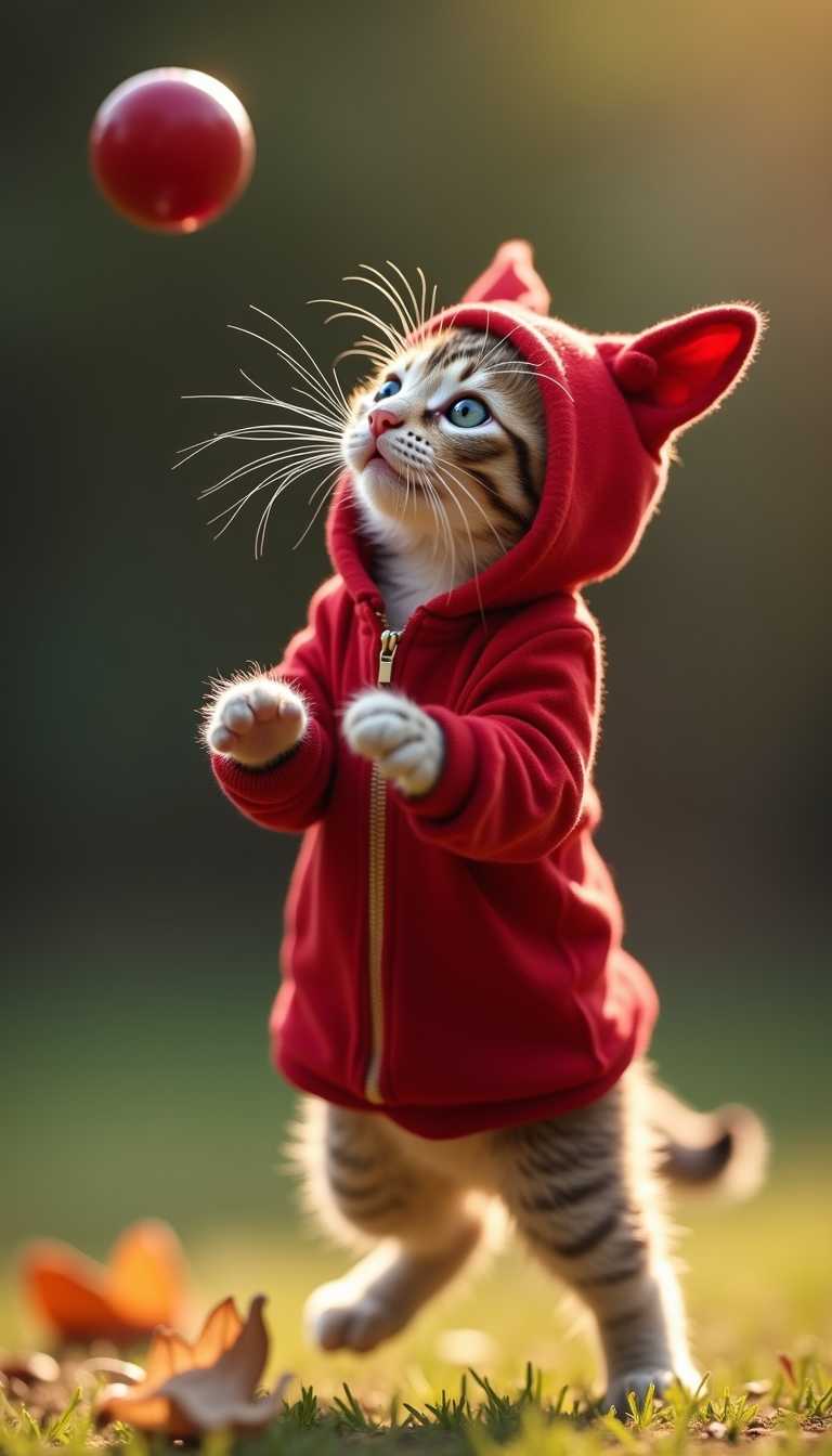 Cinematic style, realism, cinematic quality, Midjourney_Whisper,
Kitten wear red cricket costume, kitten jumps vertically to catch the ball , photo from side view, hyper realistic