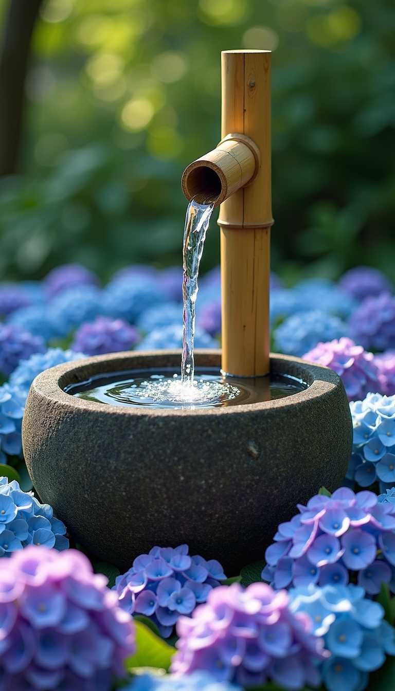 Bamboo pipe water, a sea of blue and purple hydrangea flowers, a wooden table with a bamboo pole at the top, from which a clear stream of water pours out through an open spout. The flowers below are also scattered in various colors and shapes, creating a beautiful scene of water flowing down into a large stone pool filled with colorful hydrangeas.