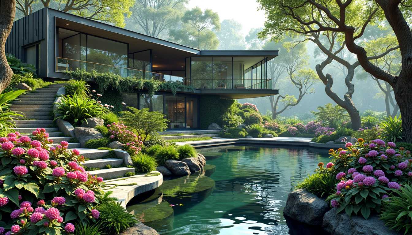 The image presents a lush green forest, vibrant with life, where a modern home stands out with its extensive glass walls and geometric shapes, harmonizing with nature. The house, constructed with sleek materials like steel and glass, features angular lines and large windows that create a seamless connection between the interior and the exterior. Nestled on a gentle hill, it overlooks a tranquil pond, its surface shimmering under soft, diffused light. The pond is bordered by intricately arranged stonework and bursts of vibrant pink flowers in full bloom, their petals delicate and inviting. Surrounding the home, a diverse array of plants in various sizes—ferns, shrubs, and climbing vines—add layers of texture and color, their vivid greens, purples, and yellows playfully contrasting with the architectural lines. Towering trees with twisted trunks and sprawling canopies frame the scene, their leaves creating dappled shadows on the ground. The overall composition is dynamic, with a balanced interplay of organic forms and modern design elements. The perspective is slightly elevated, offering a view that captures both the home and its lush surroundings. The lighting is soft and ethereal, evoking a dreamlike quality, while the colors are saturated and vivid, enhancing the surrealism of the scene. Keywords: psychedelic surrealism, modern design, lush forest, geometric forms, tranquil pond, vibrant colors, soft lighting, dynamic composition, elevated perspective, dreamlike quality.
