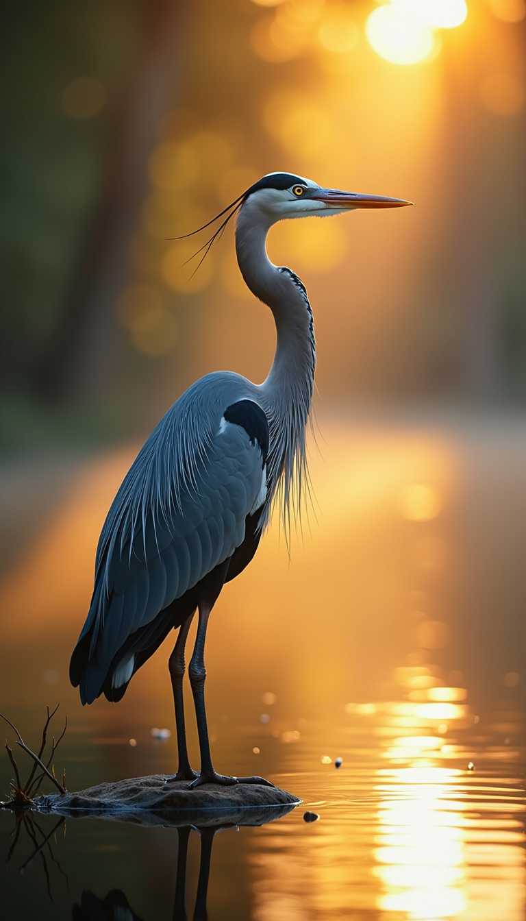 Sunset Serenade A Herons Silhouette on a Tranquil Pond