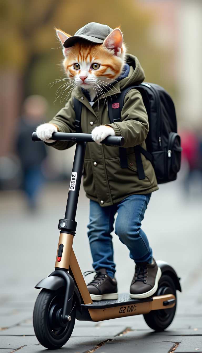 A adorable kitten is riding a G2 Max Ninebot scooter to work with a backpack, similar to the ones schoolchildren use, wearing a jacket, jeans, and a cap.
