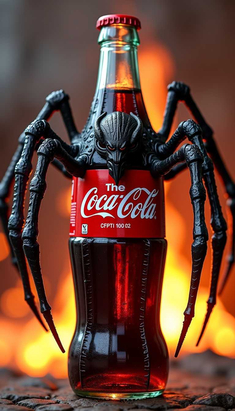 Cinematic style, realism, cinematic quality, Midjourney_Whisper,
Create an image of a Coca-Cola bottle with Spider features, including Spider arms attached to the sides.. The texture of the bottle should resemble crow scales, and there should be a prominent Spider head design on the front. The background should have a fiery ambiance to complement the Spider theme, with the text "The Spider" included in the composition.