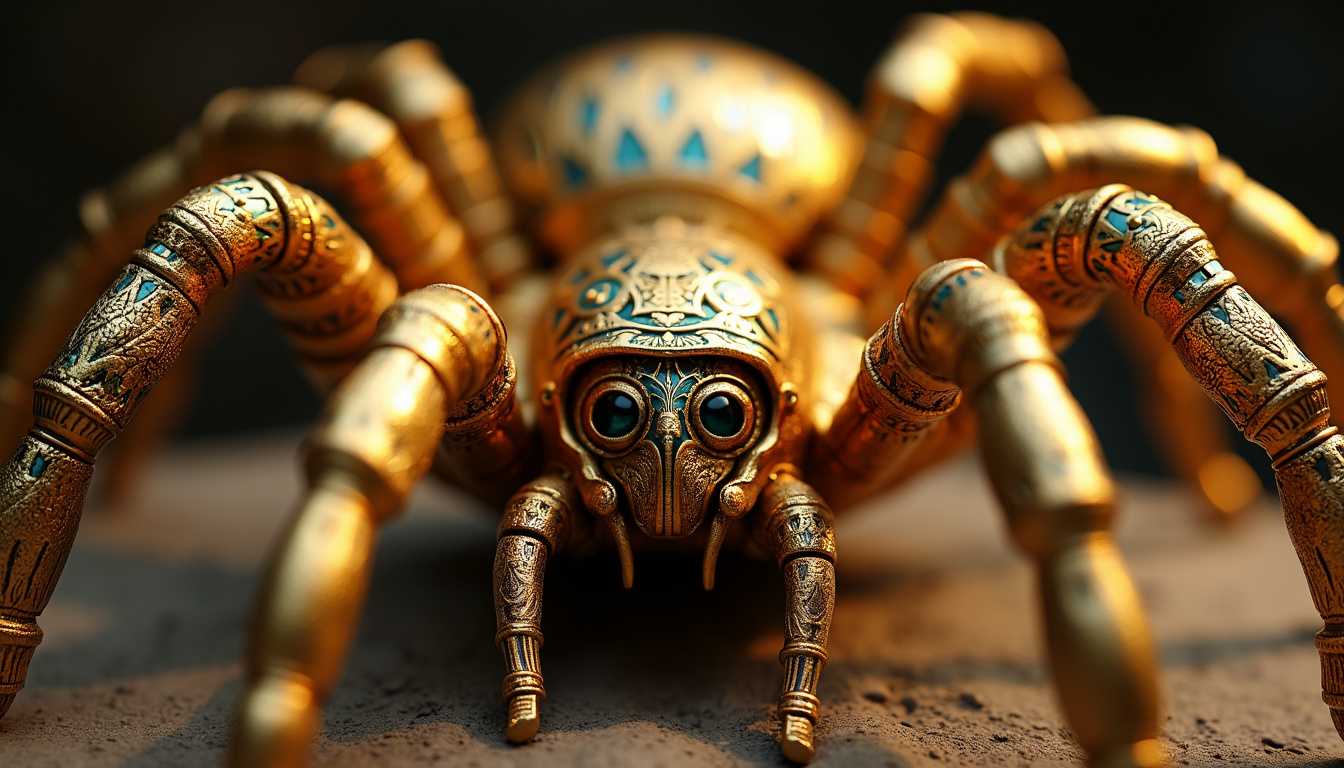 The image depicts a stunning gold Egyptian very very extremely angry Tarantula Spider adorned with intricate patterns and designs, reminiscent of Adornments style. The Tarantula Spider is crafted with exquisite detail, showcasing its majestic presence. The lighting highlights the intricate details of the Tarantula Spider, casting a soft glow on its golden surface. The composition is balanced and symmetrical, drawing the viewer's eye to the Tarantula Spider's captivating gaze. The image exudes a sense of luxury and craftsmanship, embodying the essence of Egyptian art.