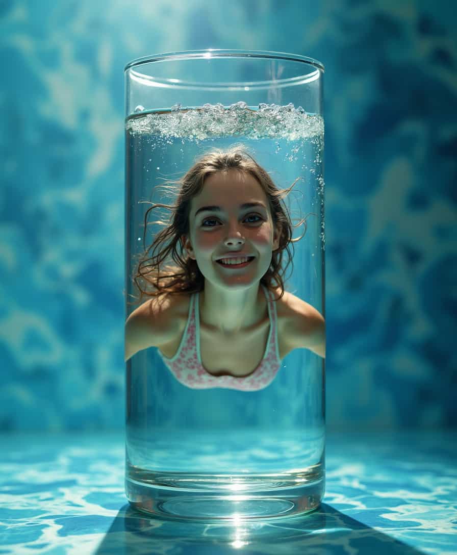 young woman swimming inside a glass of water, clear blue marble background, selective focus, bokeh