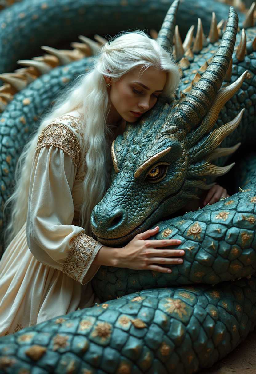 cinematic photo . A beautiful slavic princess, flowing white hair, dressed in a slavic folk dress, stroking the head of a giant majestic dragon adorned with shimmering, looks into dragon's eyes, iridescent scales, the dragon curled protectively around her, his massive body and wings shielding her, a deep bond of trust and love evident between them, the dragon humbly receiving her tender gesture, creating a magical and intimate moment.     . 35mm photograph, film, bokeh, professional, 4k, highly detailed
