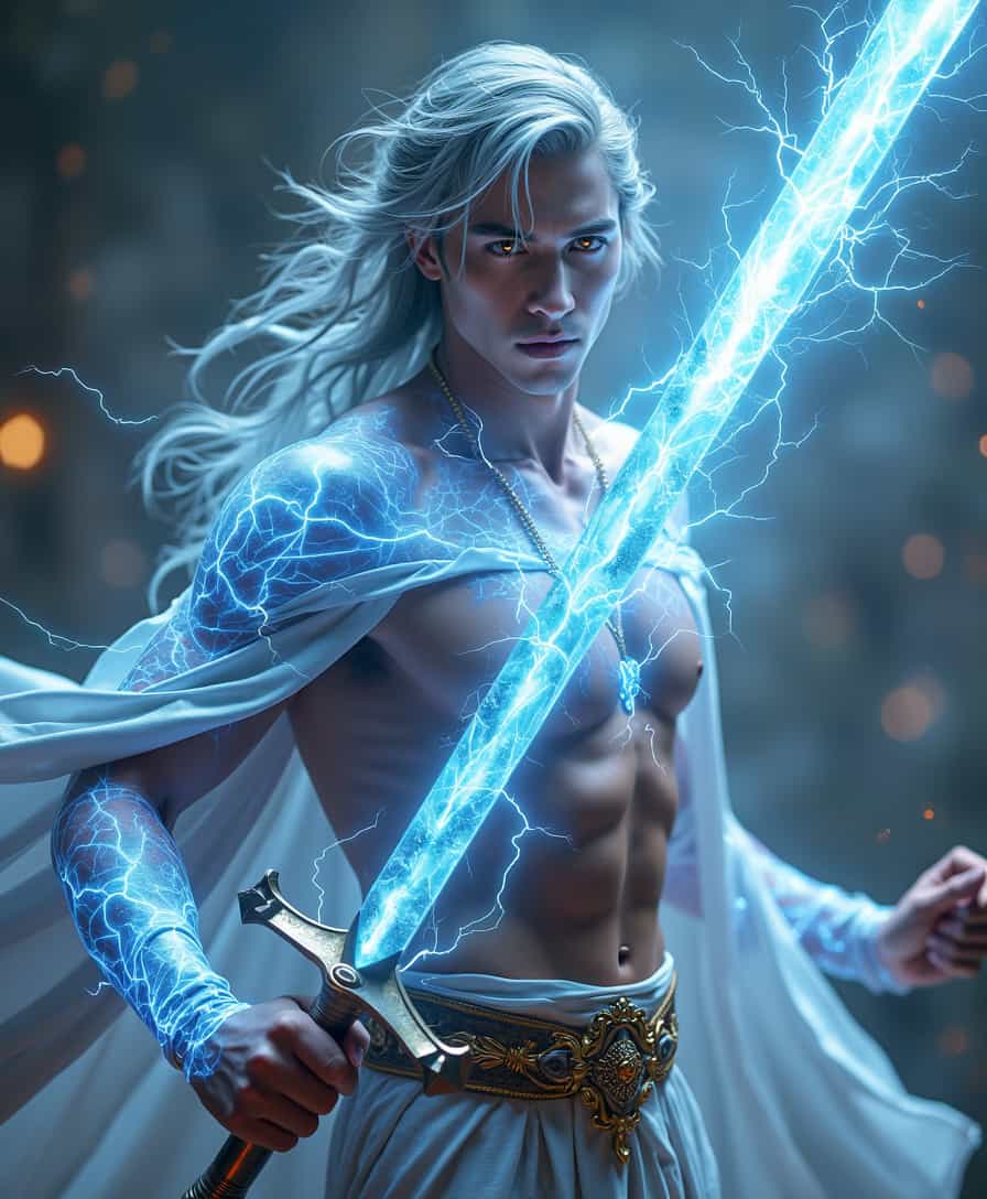 A God who swings his sword with all his might stands out with his majestic and unique body. He has an aura that emits electromagnetic waves and lightning bolts, and his body radiates electrical currents. He has silver-coloured parted hair and golden eyes. He wears the clothes of God and there are traces of electricity on his body." High Quality and Resolution. High Visual Effects. 8k.