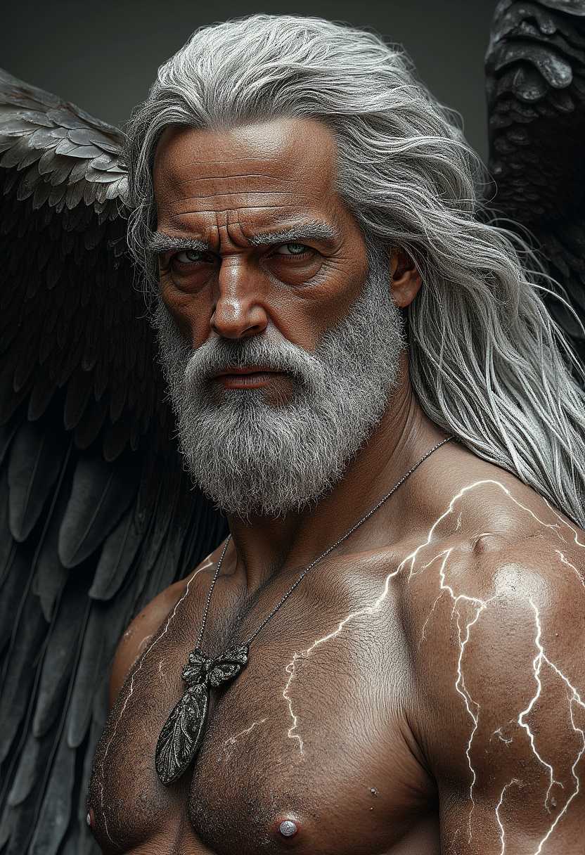 A God who swings his sword with all his might stands out with his majestic and unique body. He has an aura that emits electromagnetic waves and lightning bolts, and his body radiates electrical currents. He has silver-coloured parted hair and golden eyes. He wears the clothes of God and there are traces of electricity on his body." High Quality and Resolution. High Visual Effects. 8k