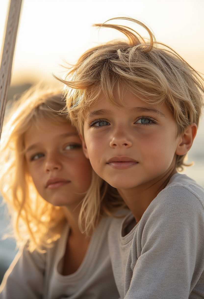 Sibling Serenity Blonde Children Basking in the Golden Hour