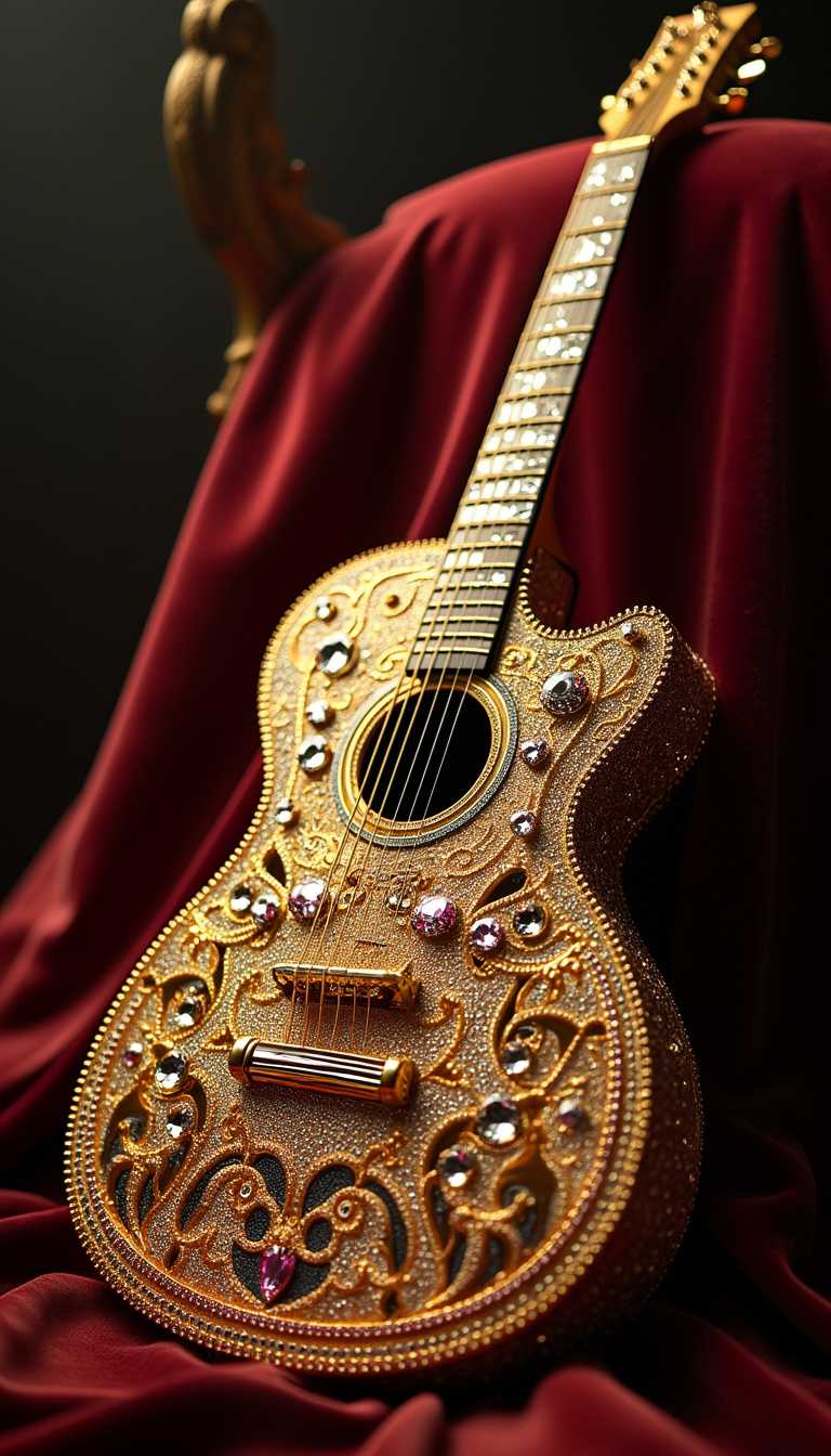 The image showcases a magnificent golden guitar, intricately crafted from shimmering diamonds and ornate adornments, exuding an air of opulence. The guitar's body is a radiant gold, reflecting light in a mesmerizing array of hues, while the diamonds are embedded along the neck and body, creating a sparkling tapestry that catches the eye. The composition centers the guitar against a rich, dark velvet background, enhancing its regal presence and drawing focus to its exquisite details. Soft, dramatic lighting highlights the facets of the diamonds, casting delicate shadows that add depth and dimension to the piece. This royal masterpiece blends elements of luxury and artistry, embodying a genre that transcends mere musical instruments to become a symbol of extravagance and elegance.