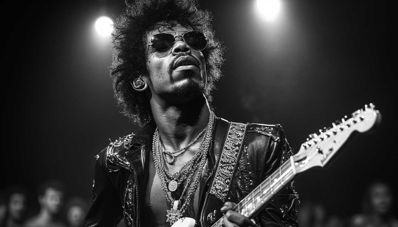 (black and white) cinematic old photography in the 60th, Jimi Hendrix playing guitar on stage of Woodstock festival, background full of young festival people, soft light, bokeh, smoke, film grain