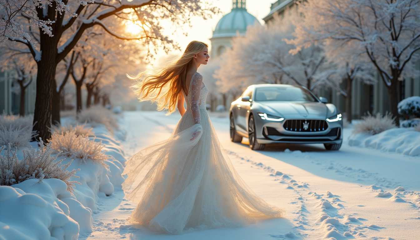 In a mesmerizing winter landscape, a snowflake-like woman with long golden hair glides gracefully, adorned in an elegant white snow dress that shimmers like fresh frost. The serene and magical atmosphere envelops her as she moves, her presence harmonizing with the enchanting surroundings. Towering flowering trees, adorned with delicate blossoms, provide a vibrant contrast against the pristine white snow, infusing the scene with bursts of color and beauty.

As she dances through this fairytale realm, the environment transforms subtly, revealing the luxurious essence of the season. In the distance, a finely engineered luxury car emerges, its polished metallic exterior reflecting the soft glow of the winter sun and the ethereal light of the snow. The vehicle, a symbol of excellence and distinction, pauses against the backdrop of grand architectural structures that rise majestically, glowing warmly in the chilly air.