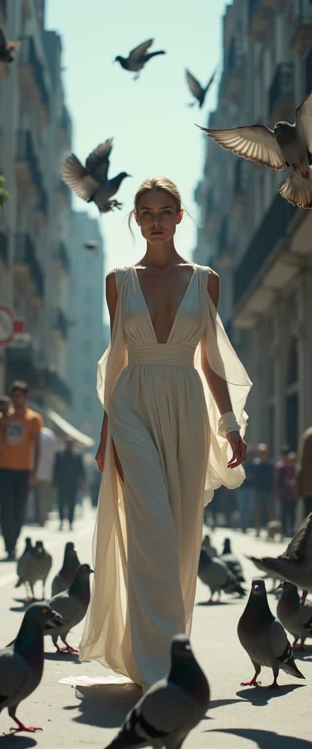 Cinematic style, realism, cinematic quality, Midjourney_Whisper,
In a surrealistic fashion scene set against the backdrop of a bustling city street, this image captures a model making a striking statement with her avant-garde ensemble. Her airy, white dress flows dramatically as she strides forward, featuring a deep neckline and cinched waist that both shape and showcase her figure. The flowing sleeves and high-cut slit infuse a modern twist into classical elegance, yet an unsettling aura pervades the atmosphere. 

Surrounding her, a chaotic array of shadowy pigeons flutters ominously. One menacing creature perches closely, its beady eyes fixated on her, while two others hover by her sides, their wings poised as if ready to attack. The contrasting muted colors of the urban background—filled with architectural details—heighten the tension, amplifying the ethereal quality of her presence against the looming threat of the birds. 

The model appears undeterred, her gaze fixed upward, perhaps in defiance of the chaos swirling around her. The natural, even lighting casts eerie shadows, accentuating the textures and movement of her fabric, while simultaneously illuminating the vicious forms of the pigeons that encircle her. The juxtaposition of her bright and ethereal appearance against the dark, surreal elements of the scene creates a striking visual narrative, blending fashion and horror into a captivating tableau.