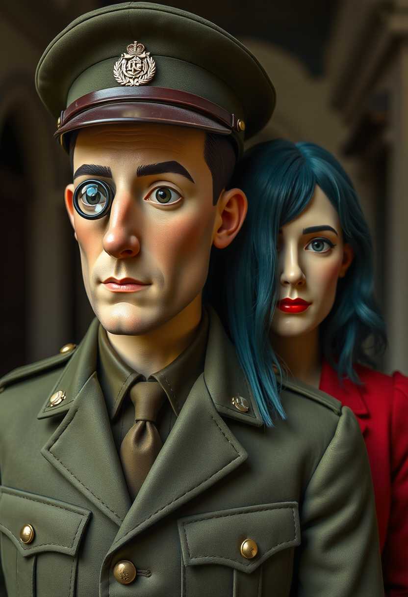 The characters are in a french town. The mans uniform is a muted green. The womans hair is a deep teal, which adds a pop of color to the composition. The use of color is minimal but serves to highlight the subjects and create a sense of depth.The objects in the image are quite simple but convey a sense of narrative. The man is dressed in a military uniform with a peaked cap, epaulettes, and a tie. His attire is detailed with buttons and a badge, which gives him an authoritative presence.He is wearing a monocle on his right eye. A monocle is a type of magnifying optical instrument that was originally used for reading, and it consists of a single convex lens held in place by the eye socket itself. The lens is clear, allowing for magnification, and it sits directly over the mans right eye, giving him a distinctive look. The woman is wearing a red blouse with a plunging neckline and button details, which adds a touch of femininity to the composition. Her hair is styled in waves, which gives her a sense of movement and adds volume to the image.subjects portrayed in a stylized and exaggerated manner typical of comic book art. This image features simplified cartoon 3d characters and scenery that appears to be painted wooden figures or puppets without strings.