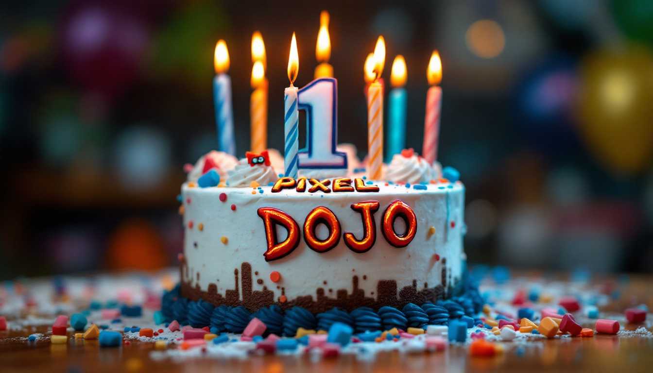 a birthday cake that says PIXEL DOJO