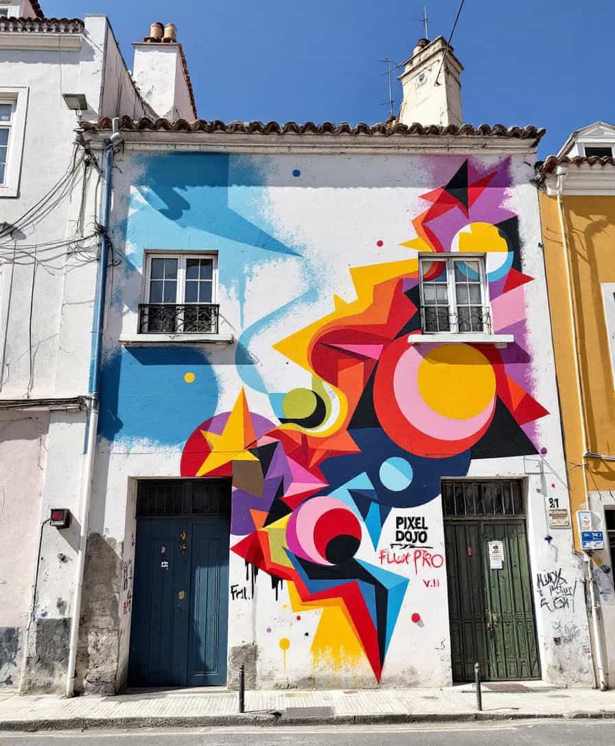 a building in the old part of lisbon with  spraypaint that says PIXEL DOJO FLUX PRO V1.1