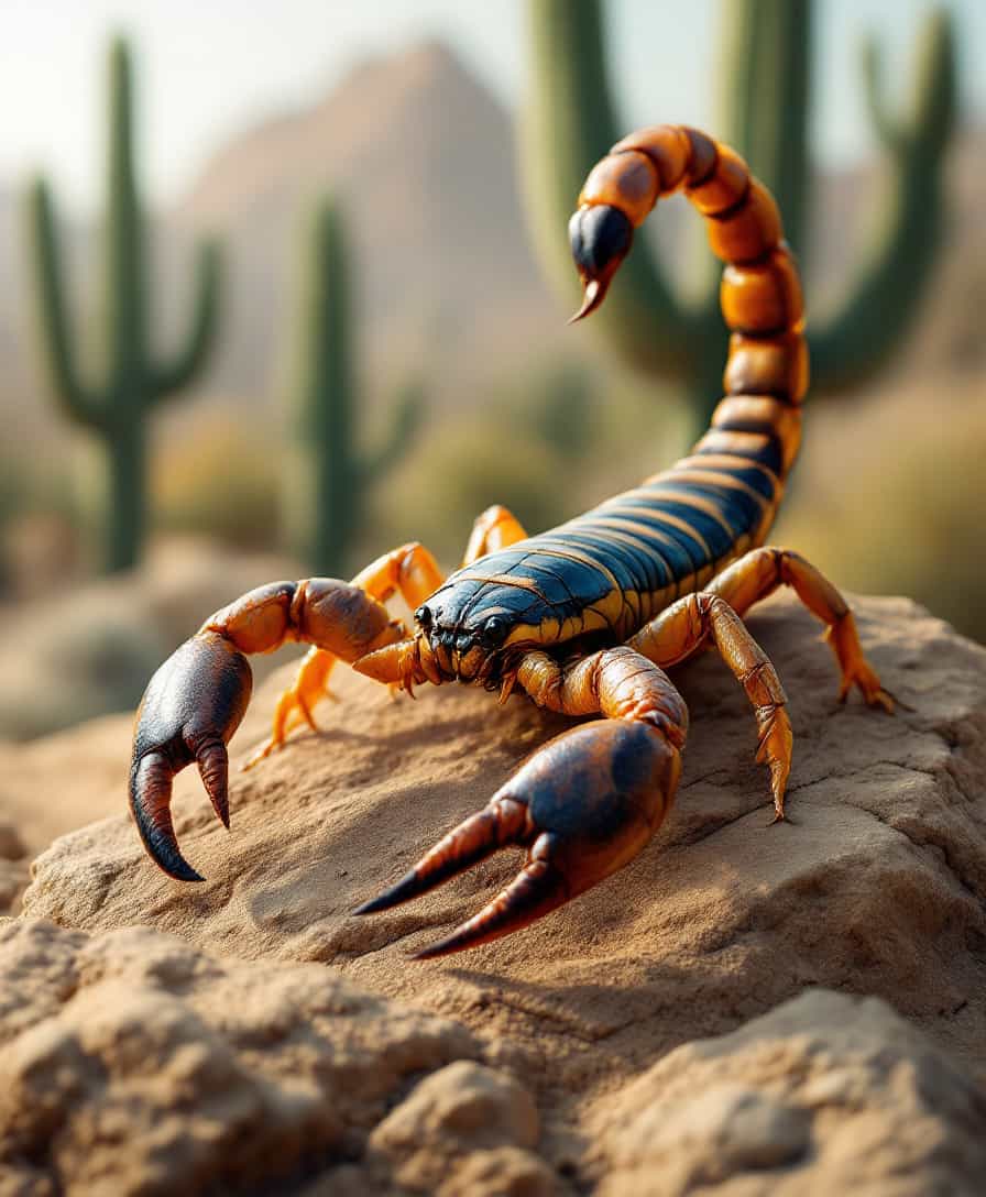 Imposing Desert Scorpion with Cacti Background