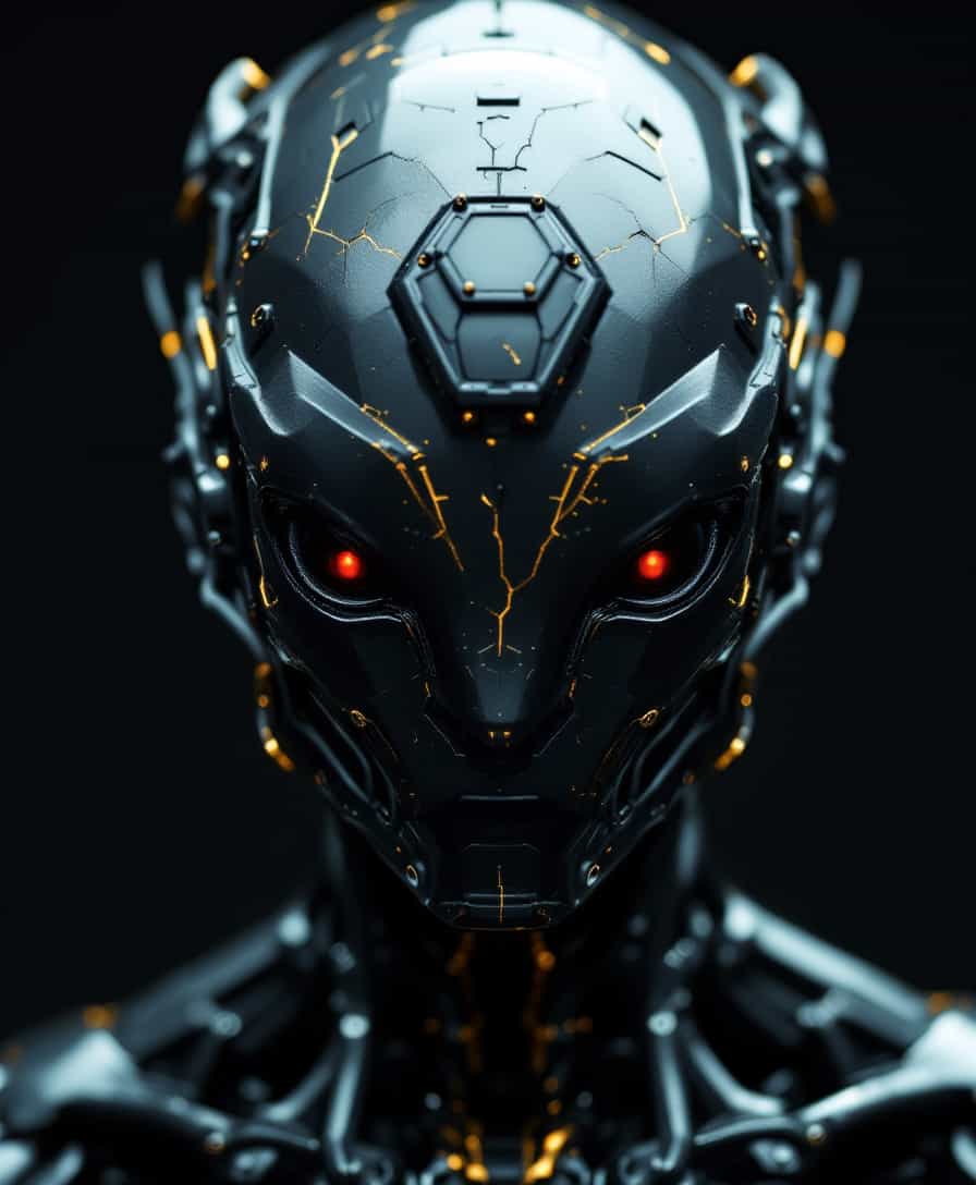 robotic body,made out of black mate steel ,golden cracks , black eyes,f ocused lighting, crown  on head, dark background, close up, portret ,alien  looking creature, tentacles coming out of head, .score_9, score_8_up, score_7_up,score_6_up, rating_safe