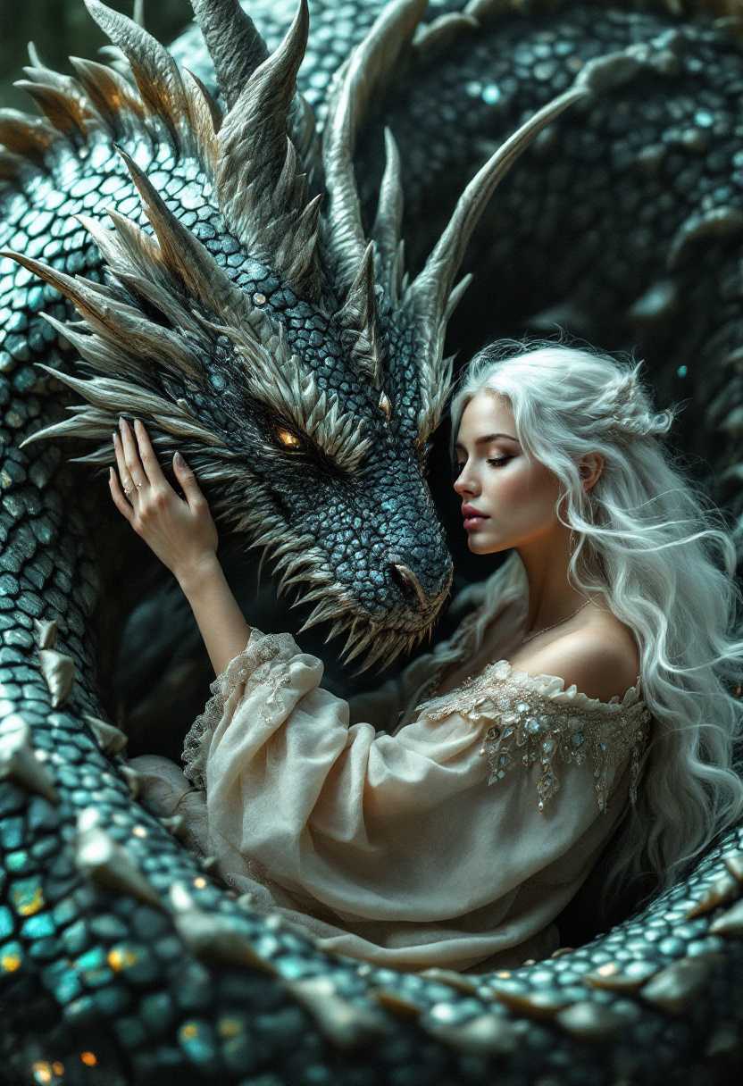cinematic photo . A beautiful slavic princess, flowing white hair, dressed in a slavic folk dress, stroking the head of a giant majestic dragon adorned with shimmering, looks into fragon's eyes, iridescent scales, the dragon curled protectively around her, his massive body and wings shielding her, a deep bond of trust and love evident between them, the dragon humbly receiving her tender gesture, creating a magical and intimate moment.     . 35mm photograph, film, bokeh, professional, 4k, highly detailed

