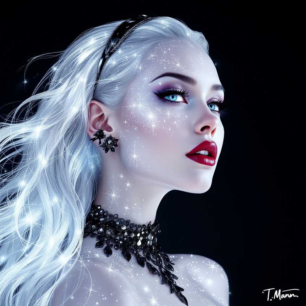 Digital artwork featuring a stylized portrait of a woman with a fantastical appearance. The layout is a close-up profile view, focusing on her face and upper shoulders. Her skin is a pale, almost ethereal white, with intricate patterns of sparkling dots and lines across her face, resembling stars or constellations. Her eyes are large and striking, with a bright, reflective quality, and her lips are painted a deep, glossy red. Her hair is a flowing cascade of silver and white, appearing almost like liquid metal, with a dynamic, wind-swept effect. She wears elaborate, dark jewelry that contrasts with her light skin, including a necklace and earrings. The background is a dark gradient, enhancing the luminous quality of her features. The artist's signature, "T. Mann," is visible in white script on the right side of the image. By Sasan