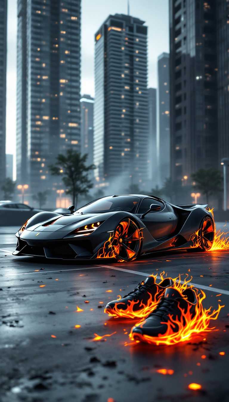 In a striking matte material style, a sleek and aerodynamic sports car, reminiscent of a Ferrari, comes to a halt in the heart of an urban landscape. The environment buzzes with the essence of city life, featuring towering buildings and a nearby parking lot. The car's design is captivating, possibly cloaked in a deep black or dark gray finish that accentuates its contours, making it a focal point against the city backdrop. 

Surrounding the car, the atmosphere crackles with energy, as if the very air around it is ablaze. The pavement beneath the vehicle shimmers with hints of fiery orange, suggesting the heat of the moment. In a creative twist, the wheels of the car appear to be adorned with flame-like accents, echoing the vivid design of a pair of worn, flame-inspired gray shoes that lie nearby. These shoes, featuring bold orange accents and a unique black and white design, seem to pulse with an inner fire, their open tops revealing a swirling, fiery pattern that mirrors the intensity of the scene.
