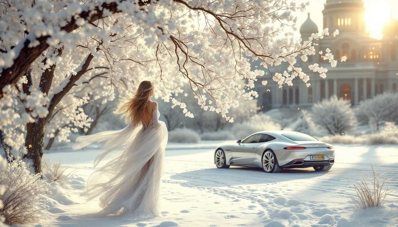 In a mesmerizing winter landscape, a snowflake-like woman with long golden hair glides gracefully, adorned in an elegant white snow dress that shimmers like fresh frost. The serene and magical atmosphere envelops her as she moves, her presence harmonizing with the enchanting surroundings. Towering flowering trees, adorned with delicate blossoms, provide a vibrant contrast against the pristine white snow, infusing the scene with bursts of color and beauty.

As she dances through this fairytale realm, the environment transforms subtly, revealing the luxurious essence of the season. In the distance, a finely engineered luxury car emerges, its polished metallic exterior reflecting the soft glow of the winter sun and the ethereal light of the snow. The vehicle, a symbol of excellence and distinction, pauses against the backdrop of grand architectural structures that rise majestically, glowing warmly in the chilly air.