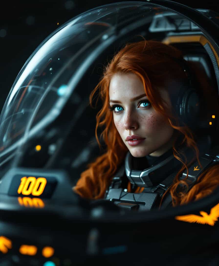  distant shot of the red hair woman fighter pilot with freckles in the cockpit of a futuristic space ship starfighter, she is wearing futuristic gear, and her eyes are enhanced with electronics, The starfighter is flying through dark space, Woman is visible from outside through a transparent cockpit glass, only woman and space ship cockpit giving any light, there is complete darkness outside with some stars, Starfighter is matte black with yellow emblems of an eagle, starfighter look very agile with big delta wings in the back and tiny wings on the nose , cockpit is quite big fully glassed and closed, woman is buckled tightly, a fighter control panel is full of glowing digital displays, woman holds joystick and throttle, there is feeling of extreme speed, there is digital number 100 on a display