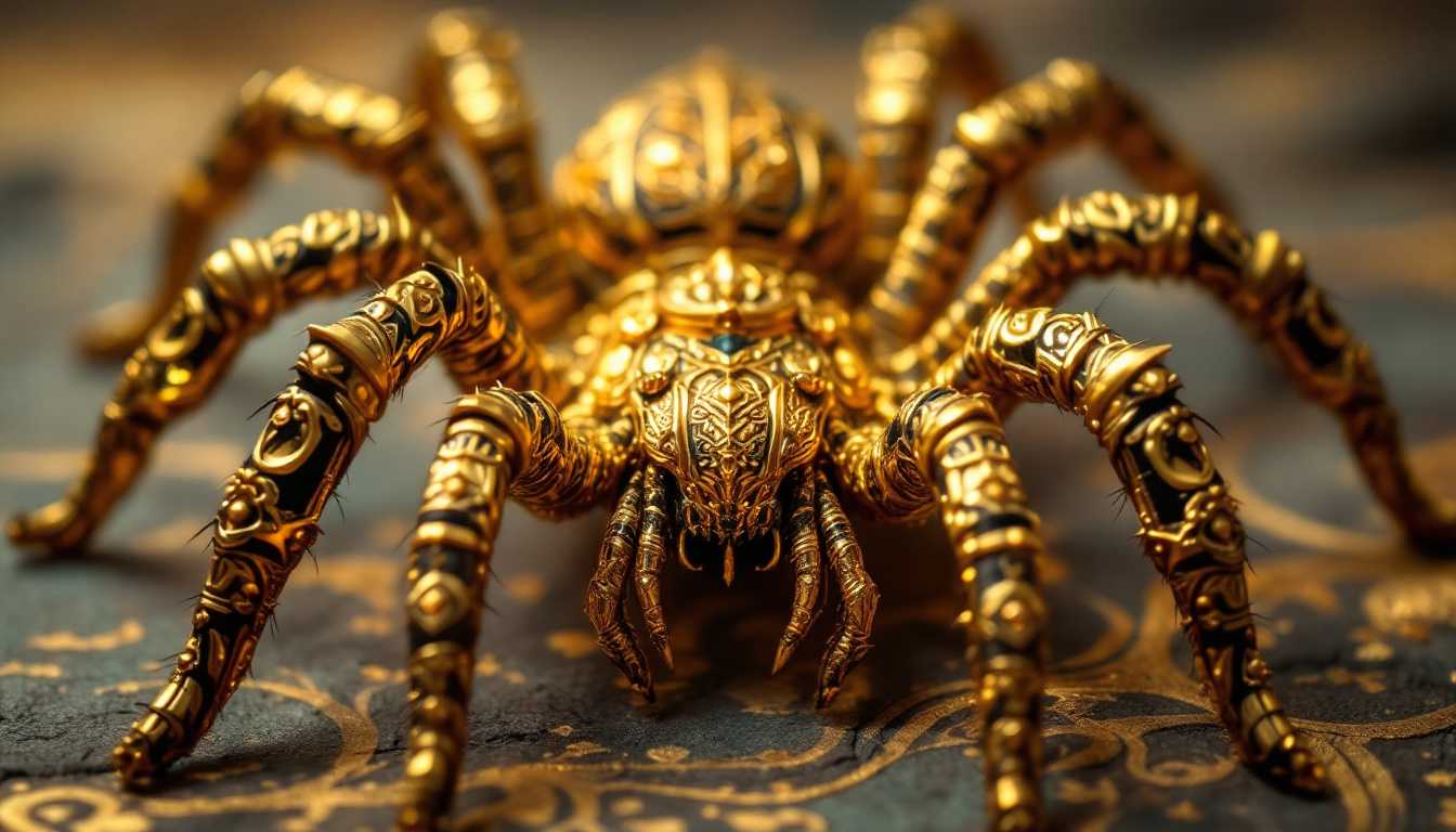 The image depicts a stunning gold Egyptian angry Tarantula Spider adorned with intricate patterns and designs, reminiscent of Adornments style. The Tarantula Spider is crafted with exquisite detail, showcasing its majestic presence. The lighting highlights the intricate details of the Tarantula Spider, casting a soft glow on its golden surface. The composition is balanced and symmetrical, drawing the viewer's eye to the Tarantula Spider's captivating gaze. The image exudes a sense of luxury and craftsmanship, embodying the essence of Egyptian art.