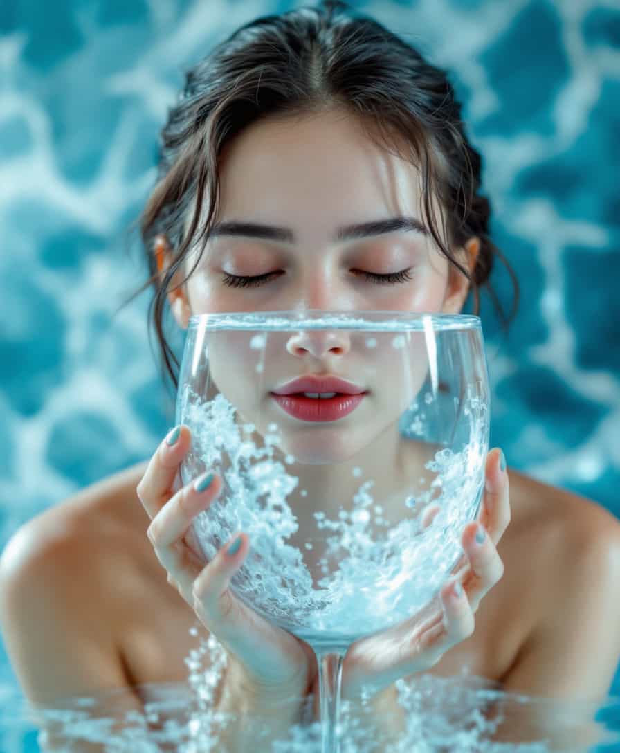 Refreshing Elegance A Model with a Water Glass Amidst a Splash of Serenity