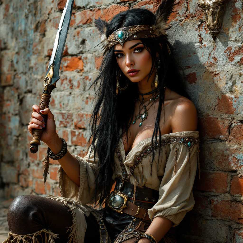 A stunning digital artwork by Sasan, inspired by Louis Jover's style, portrays a futuristic and enticing mercenary. The jaw-dropping ultra-detailed hyper-realistic masterpiece features a fierce-looking female warrior with vibrant black hair and a leather headband adorned with hanging eagle feathers. Wielding a sharp-edged weapon in her right hand, she exudes confidence and power. The warrior embodies the essence of a bohemian cowgirl, casually leaning against a weathered brick wall. Her off-shoulder blouse, adorned with intricate turquoise and brown embroidery, billows elegantly, revealing her fringe leather pants. An ornate belt with braided accents adds a touch of sophistication to her ensemble. Her long black hair cascades down her back, framing her face with a carefree. By Sasan